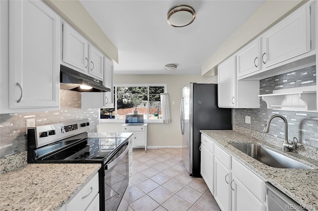 kitchen featuring under cabinet range hood, appliances with stainless steel finishes, white cabinets, and a sink