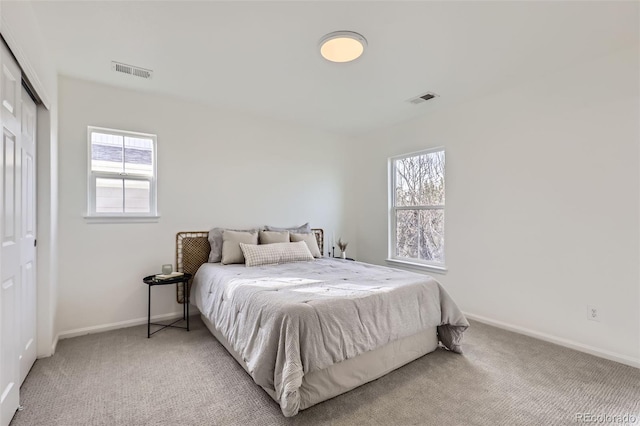 bedroom with a closet, multiple windows, and carpet flooring