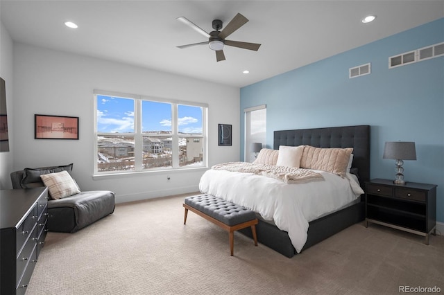 carpeted bedroom featuring ceiling fan