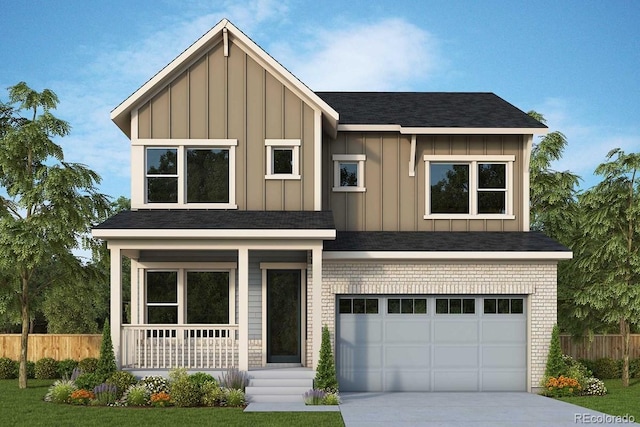 view of front of home featuring board and batten siding, brick siding, a porch, and fence