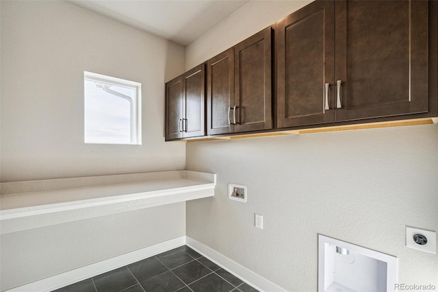 21295 E 61st Dr, Aurora, CO 80019 - laundry area featuring dark tile patterned floors, baseboards, electric dryer hookup, cabinet space, and washer hookup