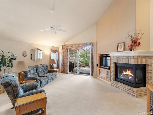 7158 W Belmont Dr, Littleton, CO 80123 - carpeted living area featuring a ceiling fan, high vaulted ceiling, and a fireplace