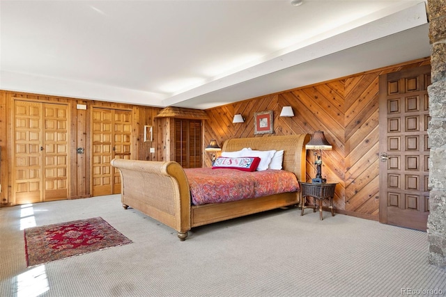 2851 Interlocken Dr, Evergreen, CO 80439 - carpeted bedroom featuring wooden walls