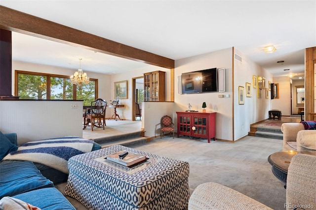 2851 Interlocken Dr, Evergreen, CO 80439 - living room featuring light colored carpet, a chandelier, and beamed ceiling