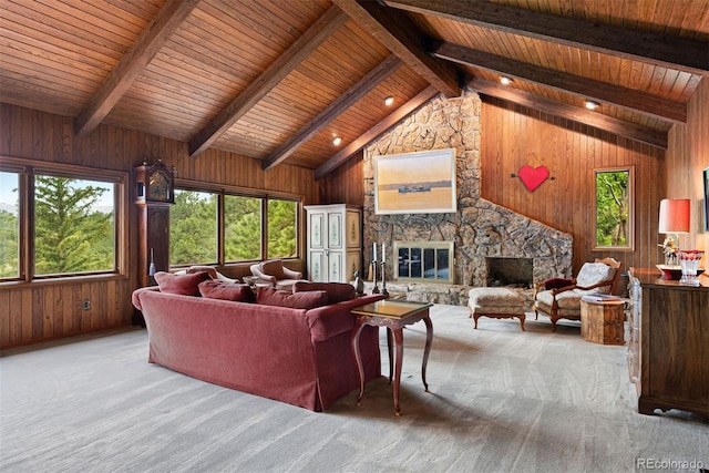 2851 Interlocken Dr, Evergreen, CO 80439 - living area featuring a fireplace, wooden walls, carpet, and wood ceiling