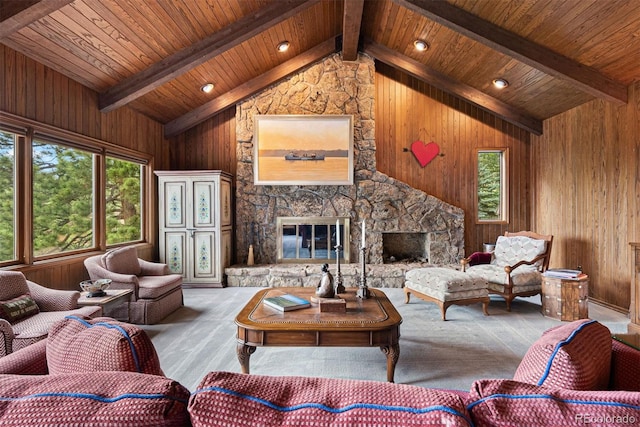 2851 Interlocken Dr, Evergreen, CO 80439 - living room with a stone fireplace, wooden walls, and wooden ceiling