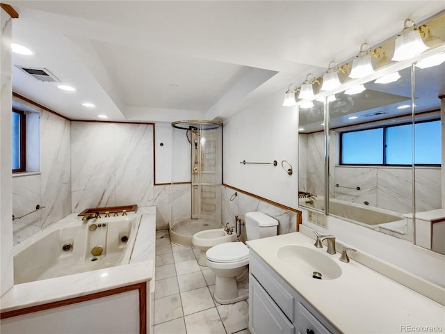 full bath featuring toilet, visible vents, tile walls, a tub with jets, and a bidet