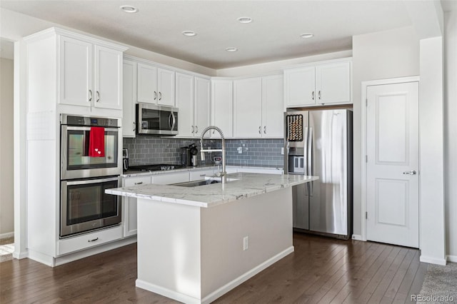 kitchen with white cabinetry, sink, a kitchen island with sink, and appliances with stainless steel finishes