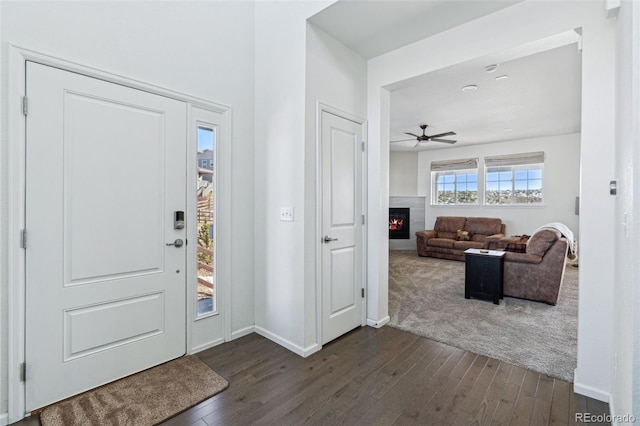 entryway with ceiling fan and dark hardwood / wood-style flooring