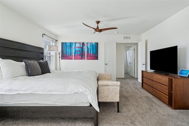 bedroom featuring ceiling fan and carpet floors