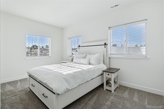 bedroom with dark carpet