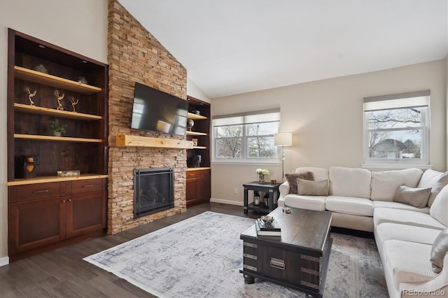 living room with a fireplace, dark hardwood / wood-style flooring, and vaulted ceiling