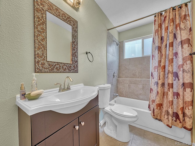 778 S Fairplay Ct, Aurora, CO 80012 - bathroom with a textured wall, shower / tub combo, vanity, tile patterned floors, and toilet