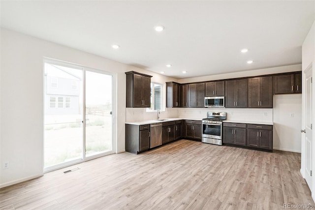 kitchen with dark brown cabinetry, light hardwood / wood-style flooring, appliances with stainless steel finishes, and sink