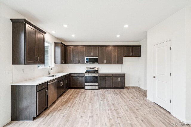 kitchen with light hardwood / wood-style floors, dark brown cabinetry, stainless steel appliances, and sink