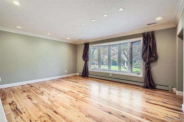 empty room with recessed lighting, crown molding, visible vents, and light wood-style flooring
