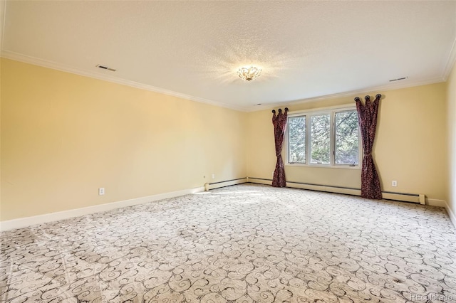 unfurnished room featuring visible vents, crown molding, baseboards, a textured ceiling, and light colored carpet