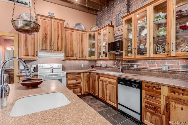 kitchen featuring white electric range oven, beam ceiling, sink, and dishwasher