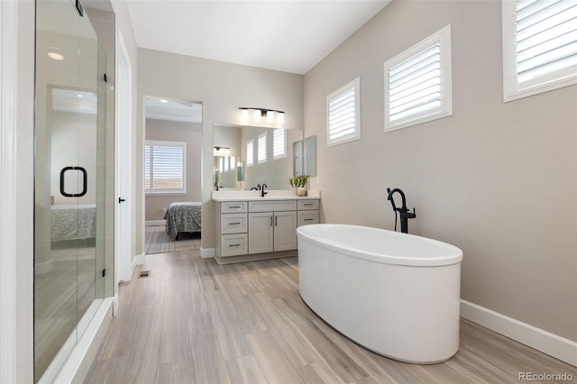 bathroom featuring wood-type flooring, shower with separate bathtub, and vanity