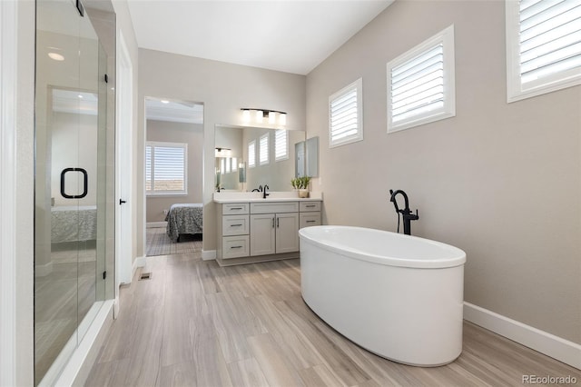 bathroom with a stall shower, vanity, baseboards, and wood finished floors