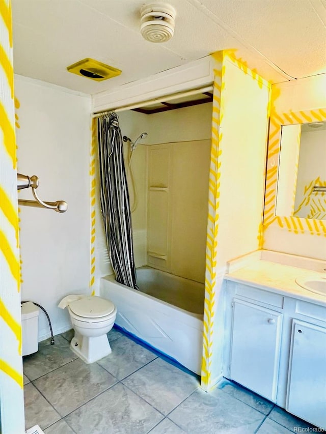 bathroom with toilet, shower / bath combo with shower curtain, tile patterned flooring, and vanity