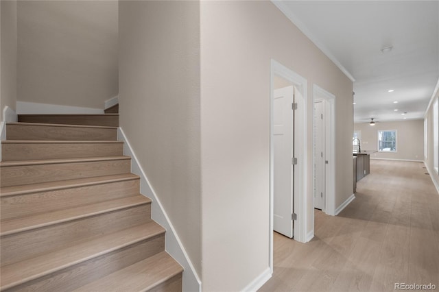 stairs with crown molding and hardwood / wood-style flooring