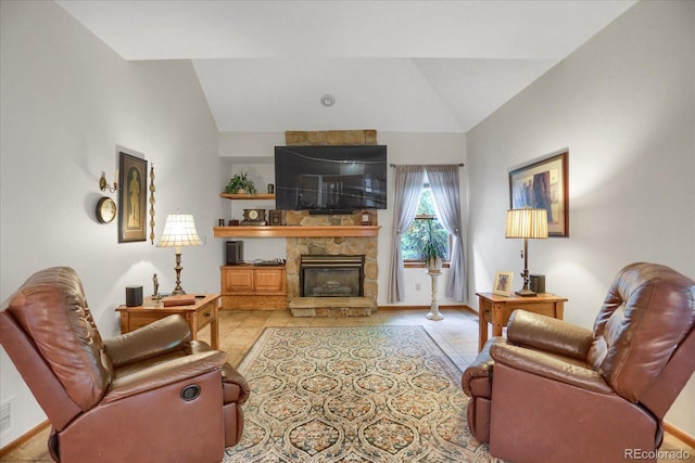 6112 Alkire Ct, Arvada, CO 80004 - living room with vaulted ceiling and a stone fireplace