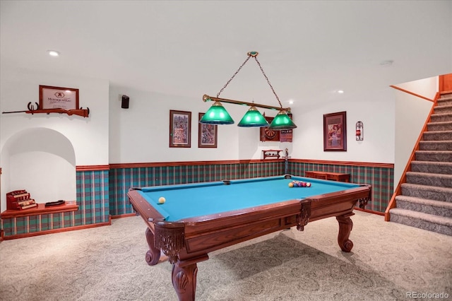 6112 Alkire Ct, Arvada, CO 80004 - rec room featuring carpet, a wainscoted wall, billiards table, wallpapered walls, and recessed lighting