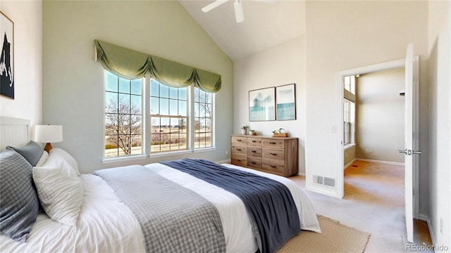 2238 Calais Dr Unit B, Longmont, CO 80504 - carpeted bedroom with baseboards, a ceiling fan, vaulted ceiling, and visible vents