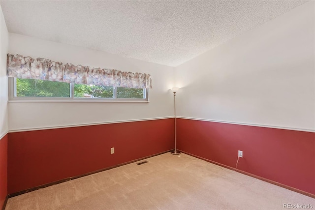 unfurnished room featuring light carpet and a textured ceiling