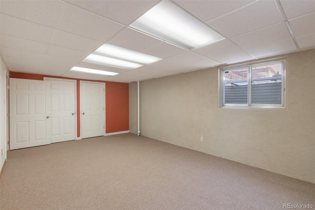 basement featuring carpet floors and a drop ceiling