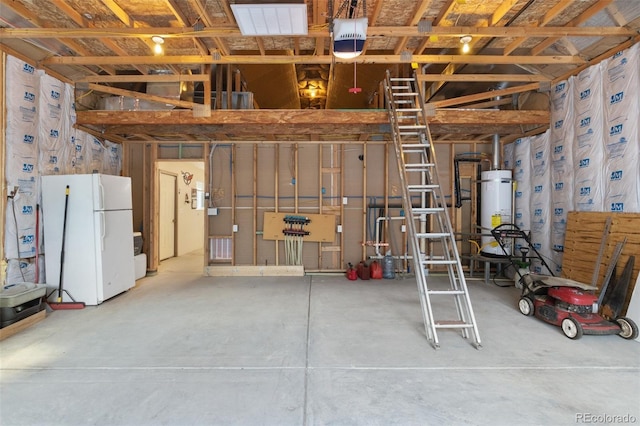 garage with strapped water heater, a garage door opener, and white fridge