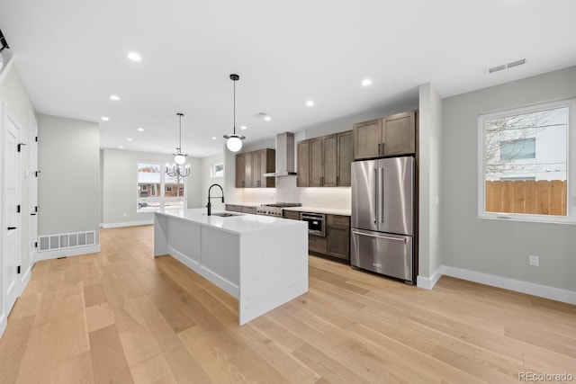 kitchen with a kitchen island with sink, stainless steel appliances, hanging light fixtures, sink, and wall chimney range hood