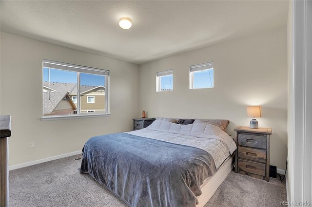 bedroom with multiple windows and light carpet