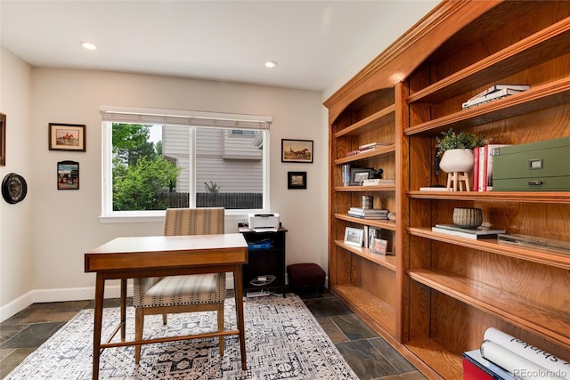 11056 W Rowland Ave, Littleton, CO 80127 - home office with stone tile flooring, baseboards, and recessed lighting