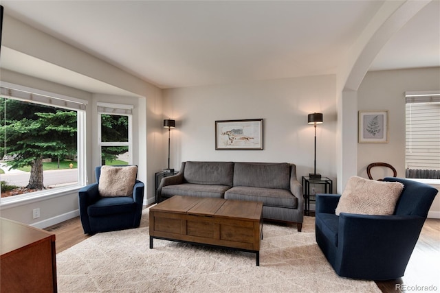 11056 W Rowland Ave, Littleton, CO 80127 - living area with arched walkways, light wood finished floors, and baseboards