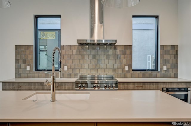 420 E Arkansas St, Buena Vista, CO 81211 - kitchen featuring wall chimney exhaust hood, a sink, plenty of natural light, and tasteful backsplash