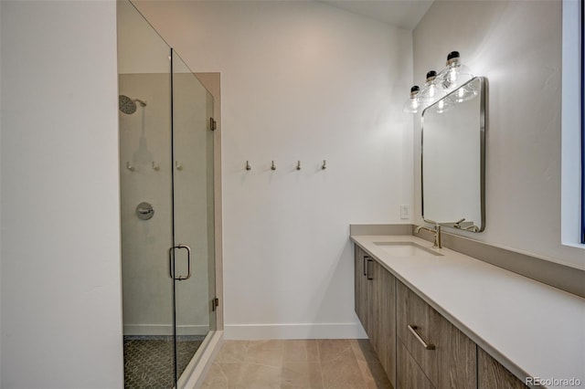 420 E Arkansas St, Buena Vista, CO 81211 - full bathroom with a stall shower, vanity, tile patterned flooring, and baseboards