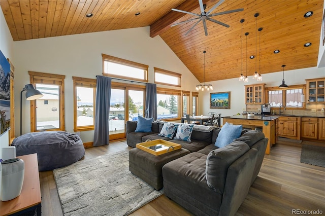 living area featuring a ceiling fan, wood ceiling, wood finished floors, beamed ceiling, and high vaulted ceiling