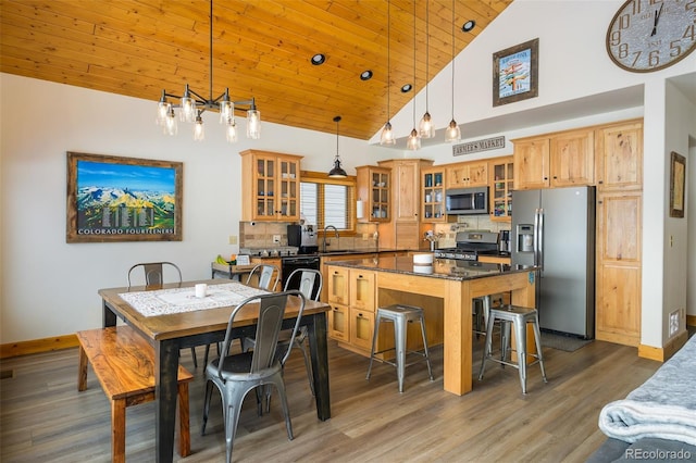 kitchen featuring wood ceiling, appliances with stainless steel finishes, a kitchen breakfast bar, a sink, and backsplash