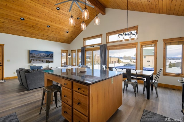 kitchen featuring wood ceiling, dark wood-style flooring, and plenty of natural light