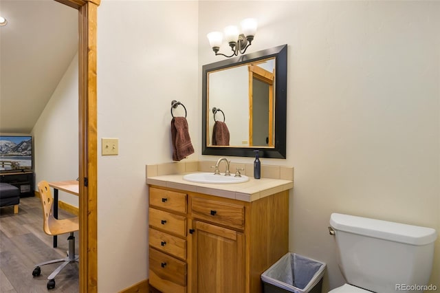 bathroom with vanity, toilet, and wood finished floors