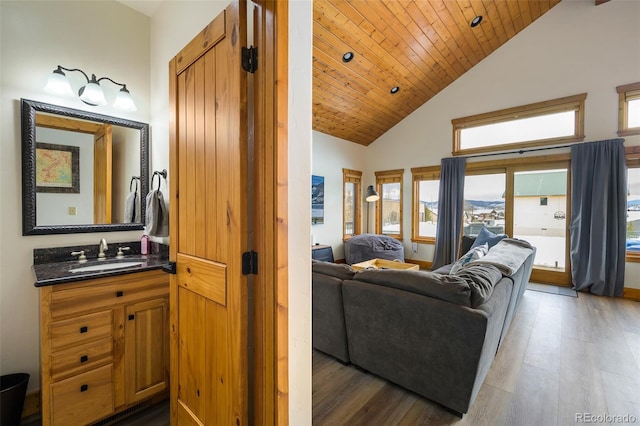 living room featuring wooden ceiling, high vaulted ceiling, and wood finished floors