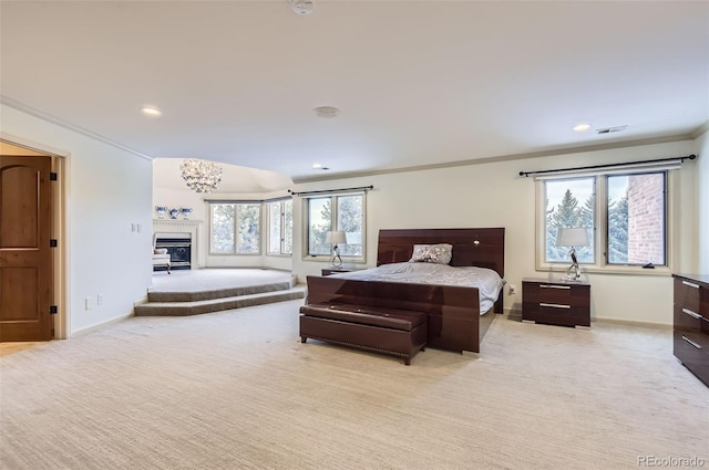 carpeted bedroom with crown molding