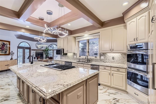 4681 S Columbine Ct, Cherry Hills Village, CO 80113 - kitchen with stainless steel appliances, light marble finish floors, a chandelier, coffered ceiling, and light stone countertops