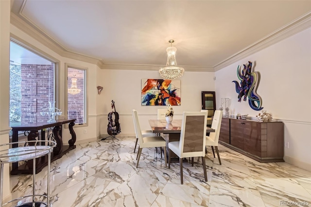 4681 S Columbine Ct, Cherry Hills Village, CO 80113 - dining space with a chandelier, crown molding, and marble finish flooring
