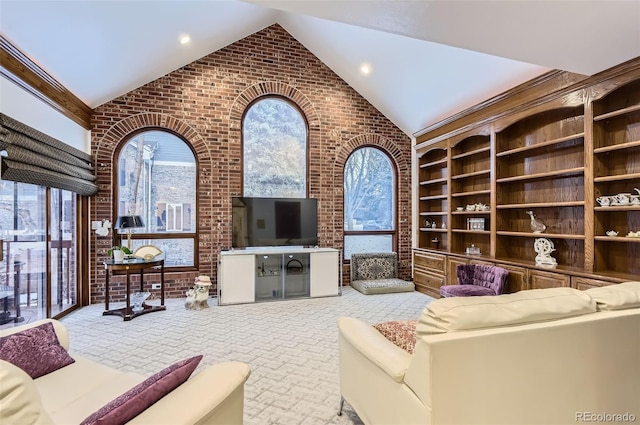 4681 S Columbine Ct, Cherry Hills Village, CO 80113 - living room featuring brick wall, plenty of natural light, carpet, and high vaulted ceiling