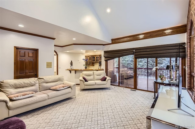 4681 S Columbine Ct, Cherry Hills Village, CO 80113 - living area with recessed lighting, ornamental molding, and high vaulted ceiling