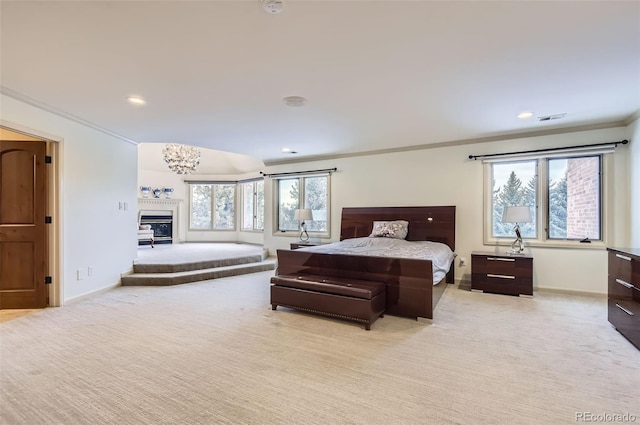 4681 S Columbine Ct, Cherry Hills Village, CO 80113 - bedroom featuring ornamental molding, light carpet, a glass covered fireplace, and recessed lighting