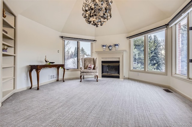 4681 S Columbine Ct, Cherry Hills Village, CO 80113 - unfurnished living room with carpet floors, lofted ceiling, and a glass covered fireplace